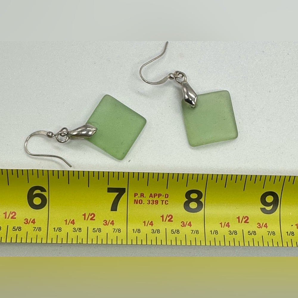 Sea Glass Silver Drop Earrings Satin Green Pierced Hooks Beach Boho Artisan - Picture 3 of 3